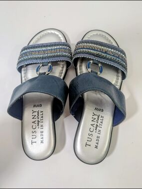 Tuscany by Easy Street Navy Beaded Wedge Slide Sandals Italy 6W NWOT
